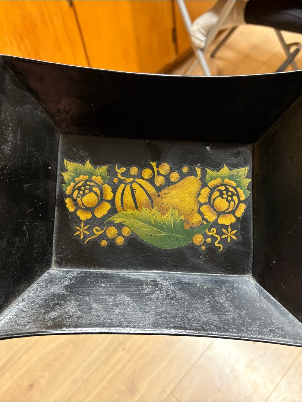 Black Decorative Tray with Yellow Floral Motif